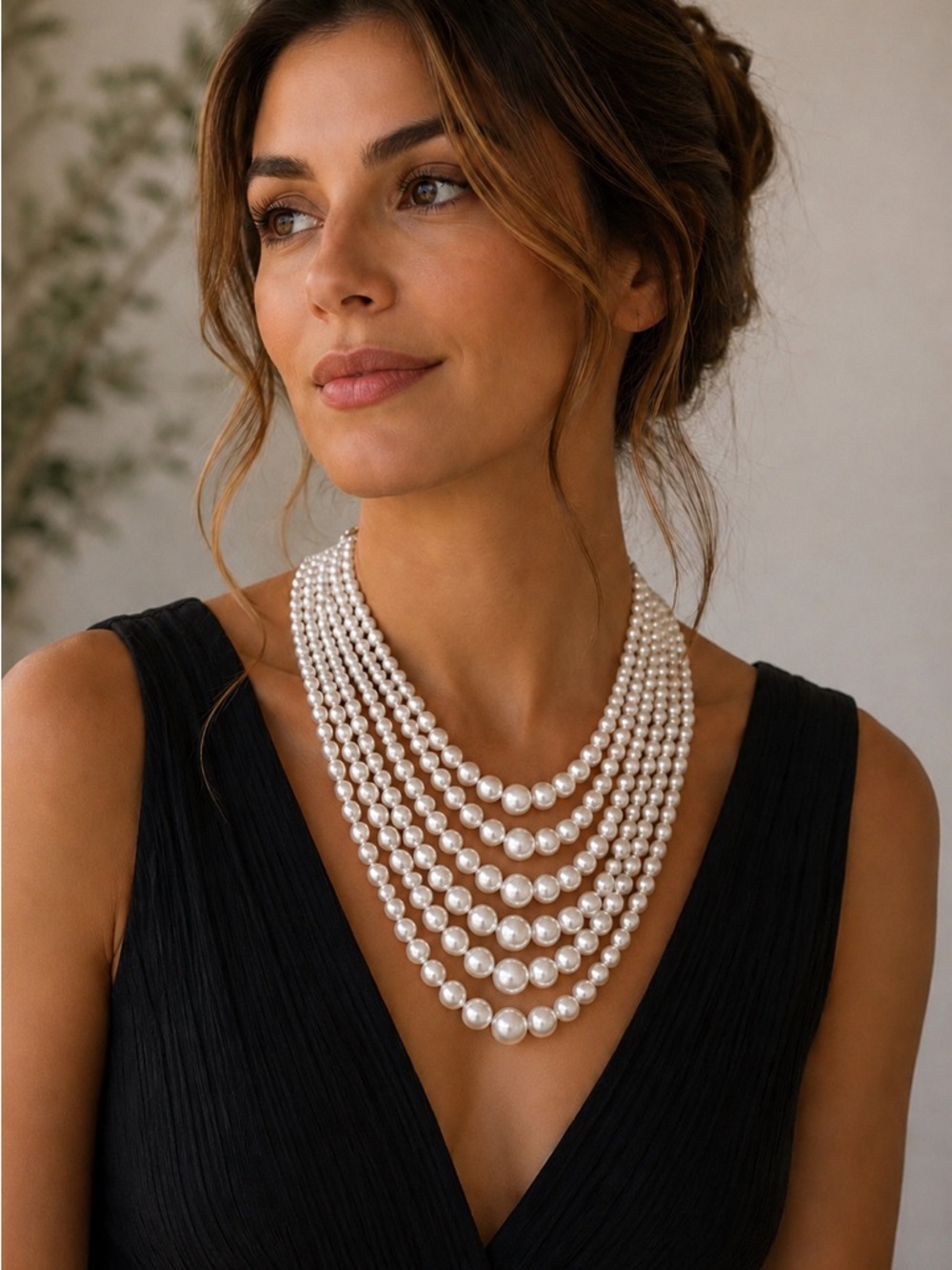 Vintage Italian Multi Strand Faux Pearl Necklace Statement Collar